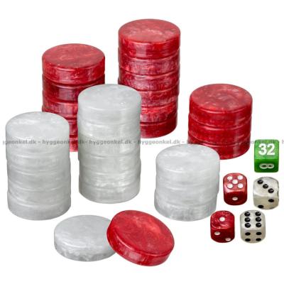 Backgammon: Ekstra brikker 28 mm (røde og hvite)