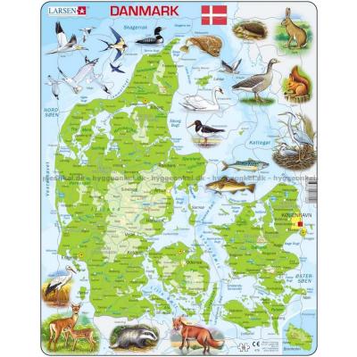 Danmarkskart med dyr – Rammepuslespill, 66 brikker