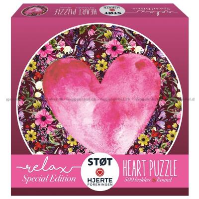 Relax: Rosa hjerte og blomster - Rundt puslespill, 500 brikker