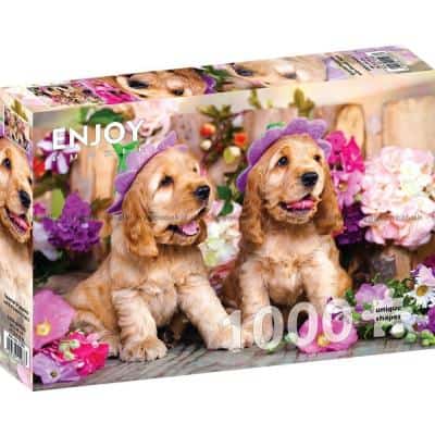 Spanielvalper med blomsterhatter, 1000 brikker
