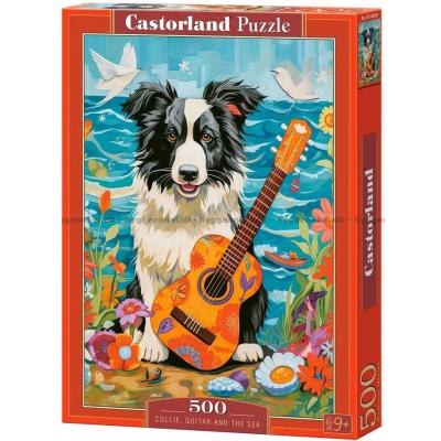Collie med gitar på stranden, 500 brikker