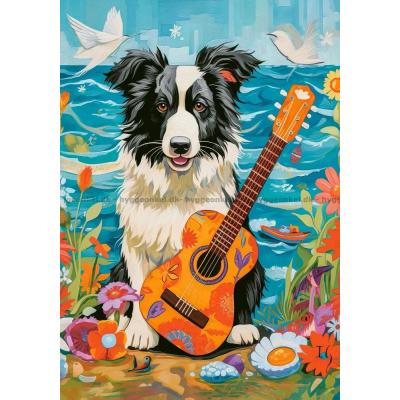 Bilde av Collie med gitar på stranden, 500 brikker