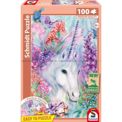 Enhjørning blant blomster, 100 brikker