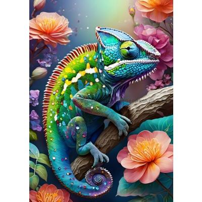 Fargerik kameleon blant blomster, 500 brikker