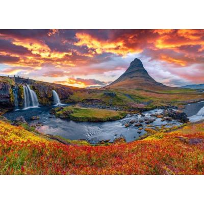 Island: Kirkjufellsfoss ved solnedgang, 500 brikker