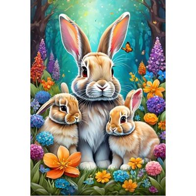 Kaninfamilie på blomsterengen, 1000 brikker