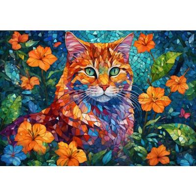 Fargerik katt i blomsterhagen, 1000 brikker