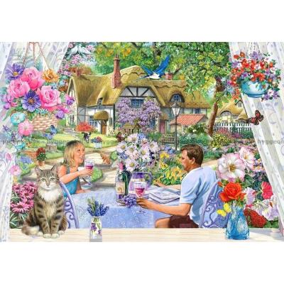 Sommeridyll i blomstrende hage, 500 brikker