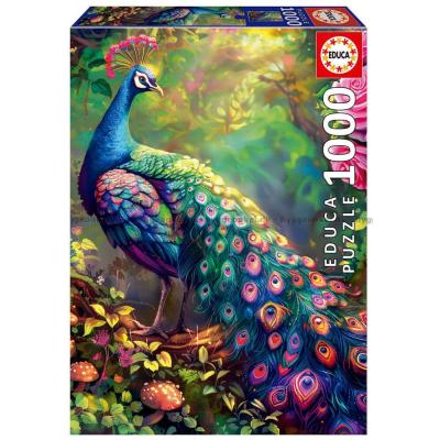 Påfuglens fjærprakt blant blomster, 1000 brikker