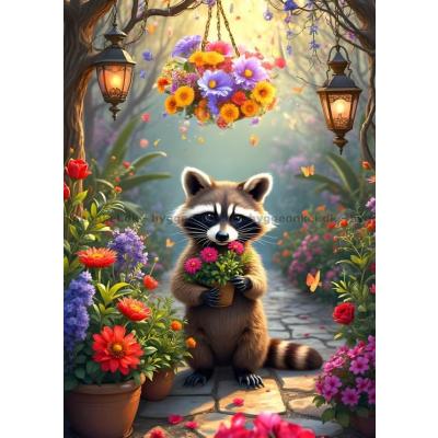 Vaskebjørnen blant blomster, 500 brikker