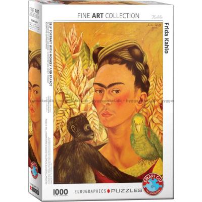 Kahlo: Selvportrett med ape og papegøye, 1000 brikker