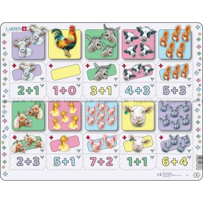 Matematikk: Plussestykker med bondegårdens dyr - Rammepuslespill, 20 brikker