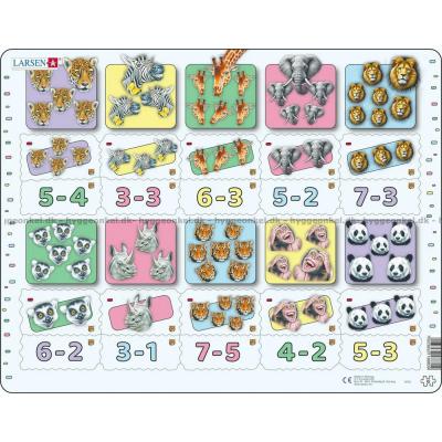 Matematikk: Minusstykker med ville dyr - Rammepuslespill, 20 brikker