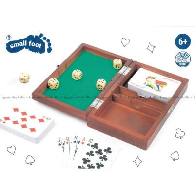 Kort og terninger i eske